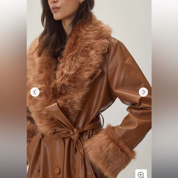 COPY - NASTY GAL Faux Leather Fur Trimmed Tan Db Coat - Picture 2 of 9